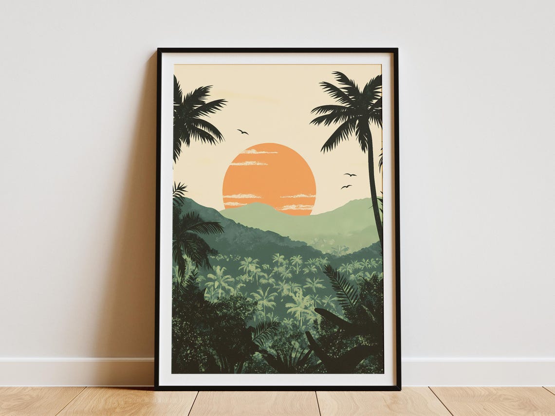 Tropical Jungle Sunset with Palm Silhouettes Art Poster Serene