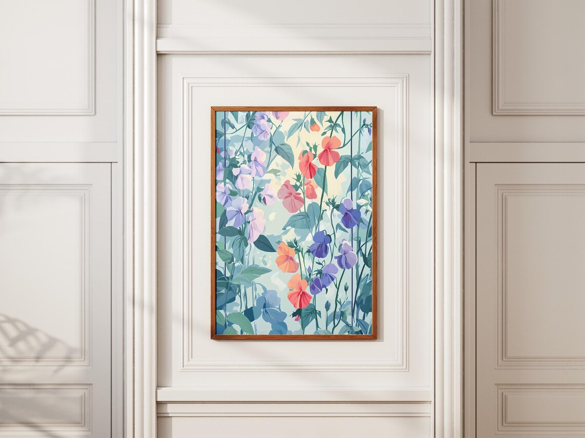 Pastel Sweet Pea Flowers Climbing a Garden Trellis Art Poster - Image 2