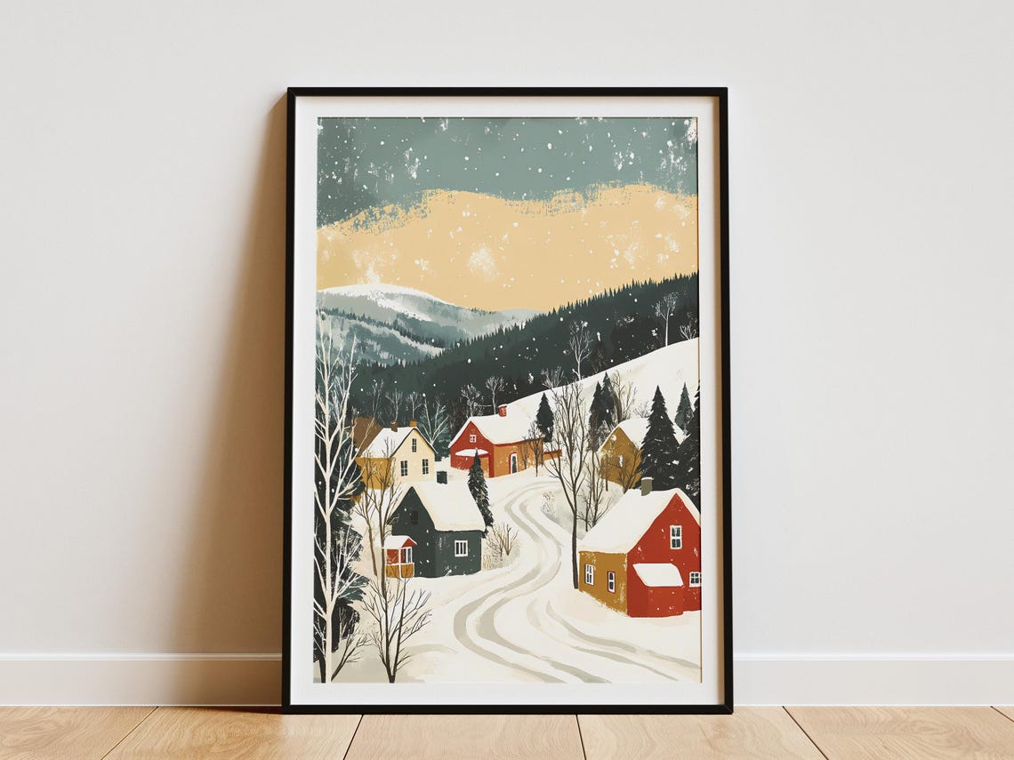 Snowy Village Winter Landscape Poster Cozy Cottage Scene Farmhouse Christmas Print Scandinavian Home Decor Winter Wonderland Art Holiday