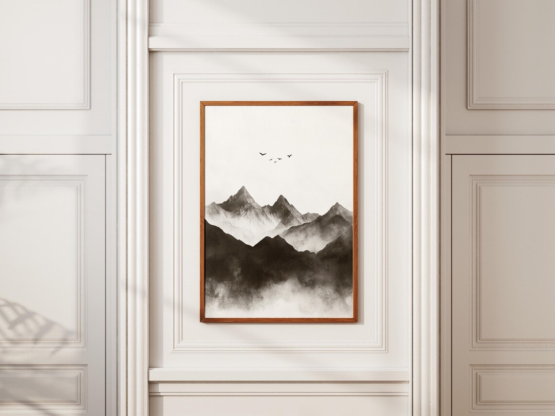 Black Ink Mountain Peaks Flying Birds Minimalist Zen Art Poster - Image 2