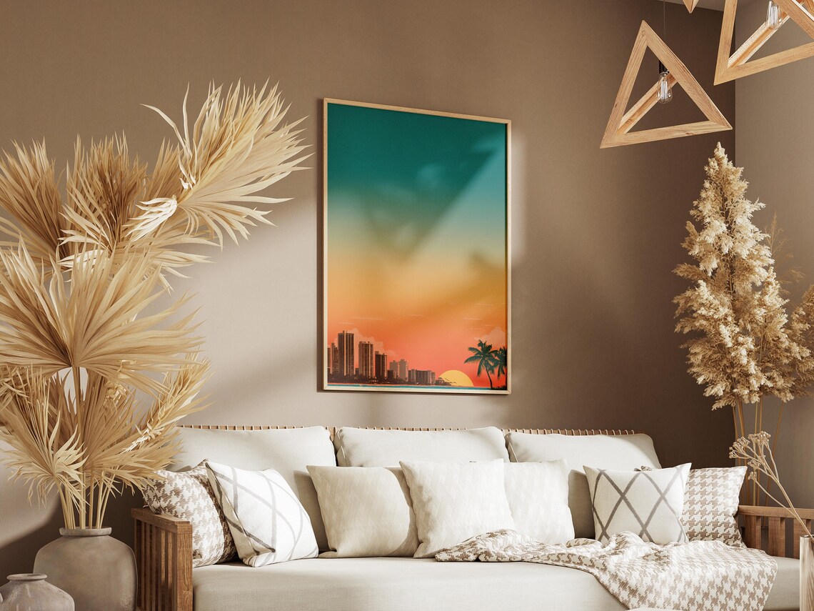 Waikiki Honolulu Skyline Sunset Palm Trees Vintage Travel Poster - Image 3