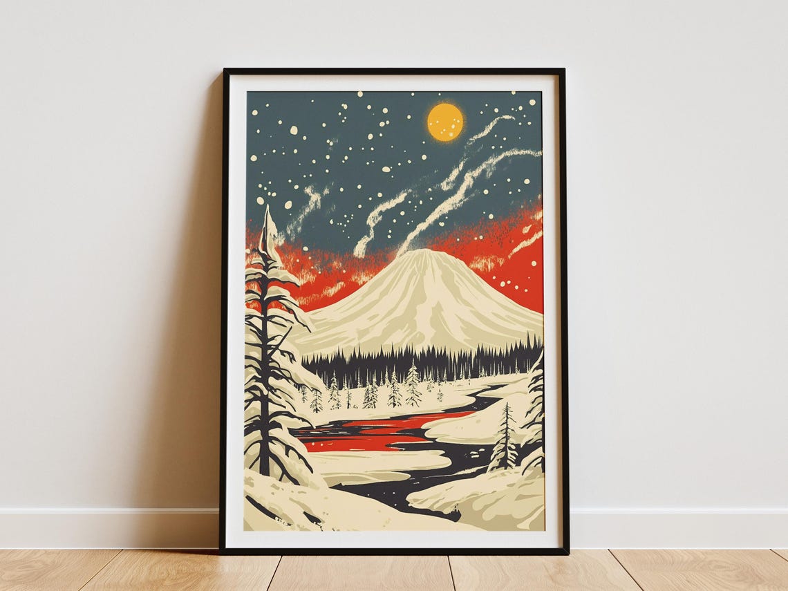 Snowy Mountain Peak at Sunset With a Glowing Yellow Moon Poster