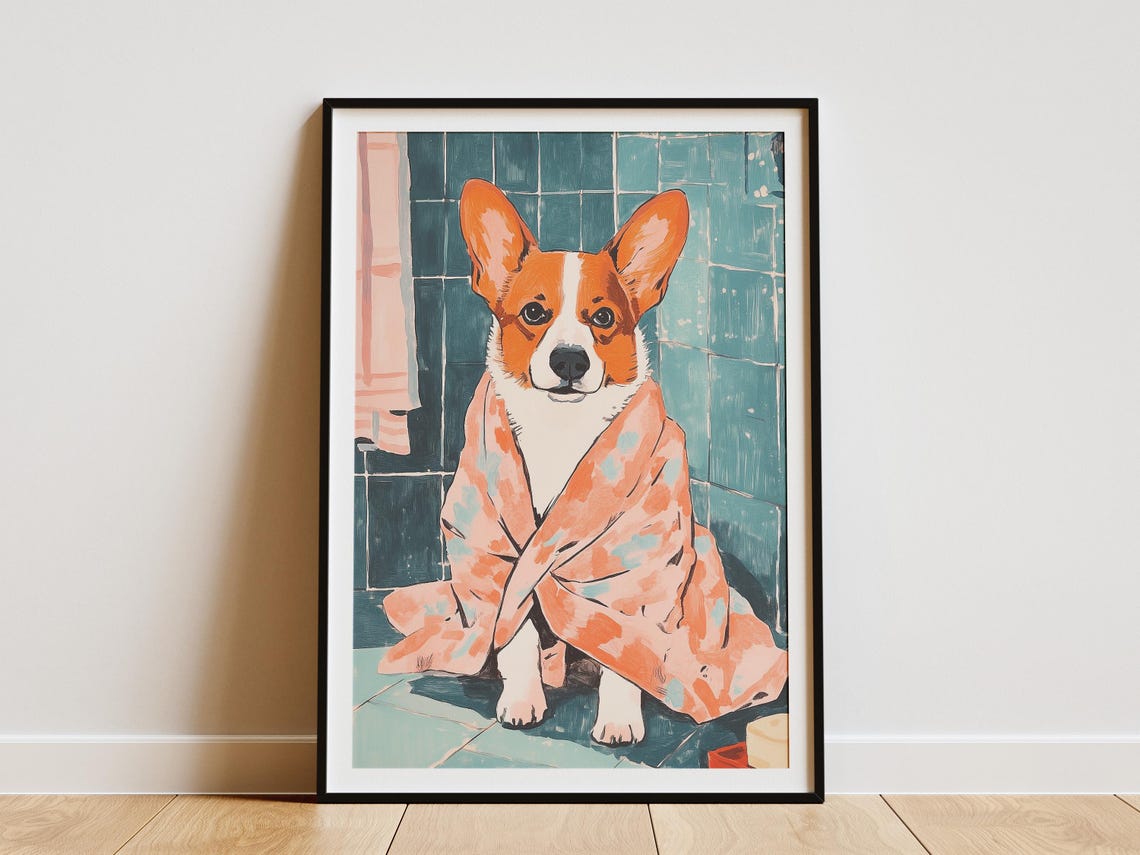 Corgi Dog Wrapped in Pink Floral Towel Cute Bathroom Art Poster
