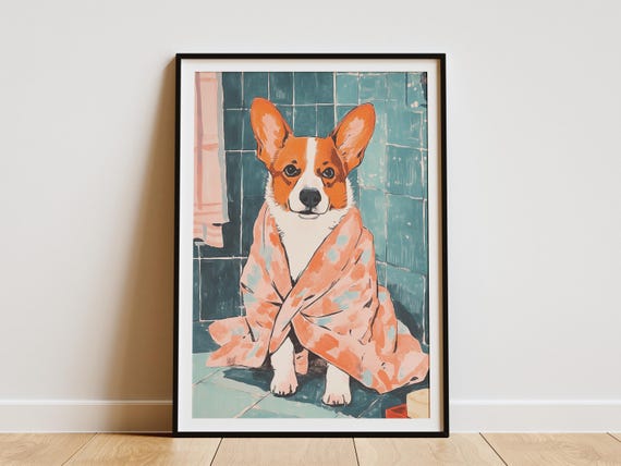 Corgi Dog Bathrobe Poster Print Matisse Style Bathroom Wall Art Funny Cute Pet Portrait Whimsical Lover Gift Home Decor