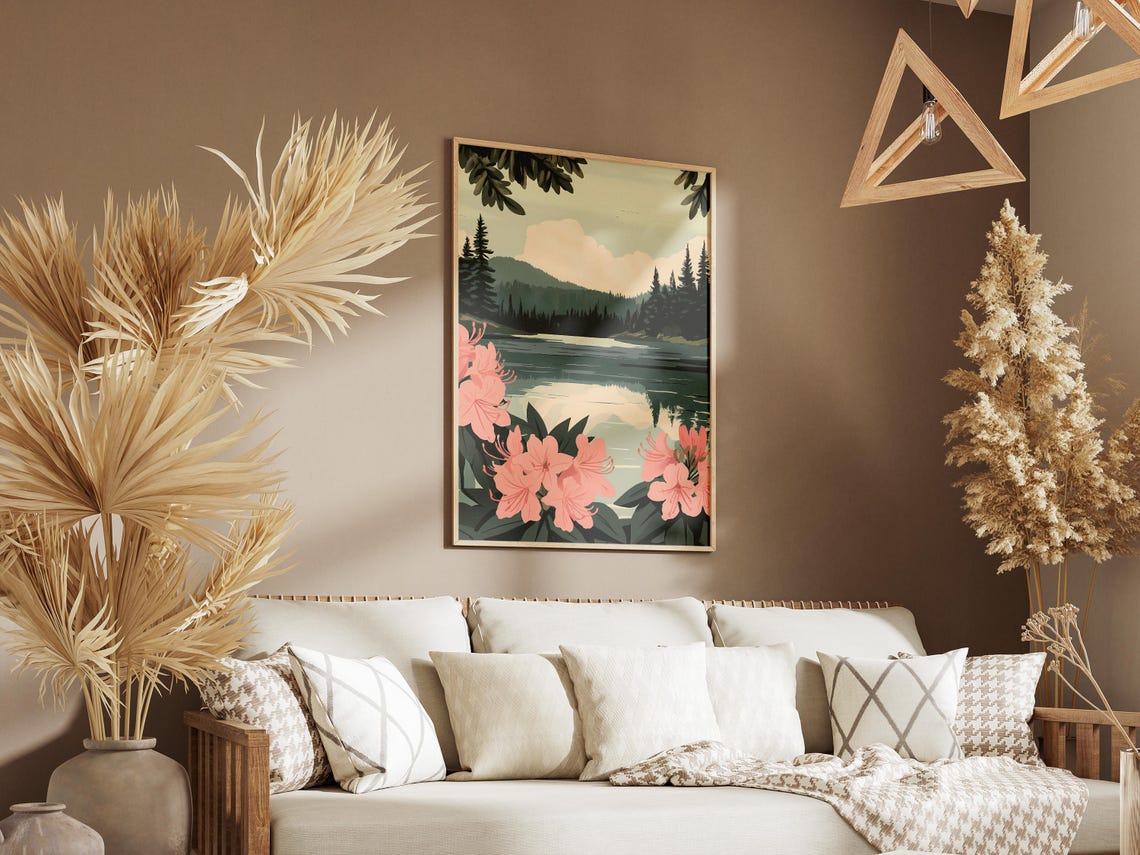 Pink Rhododendrons Framed Mountain Lake Pine Forest Scene Poster - Image 3