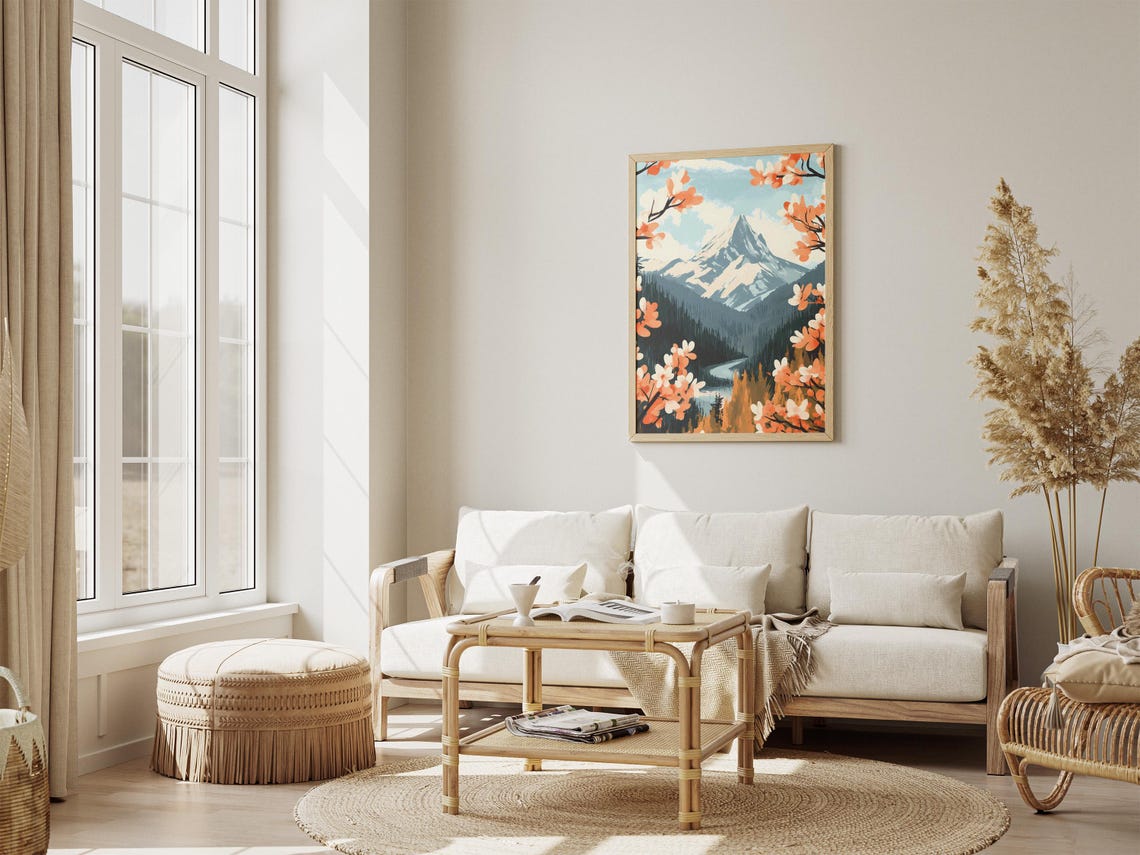 Snowy Mountain Peak Framed By Orange Spring Blossom Branches Poster - Image 4