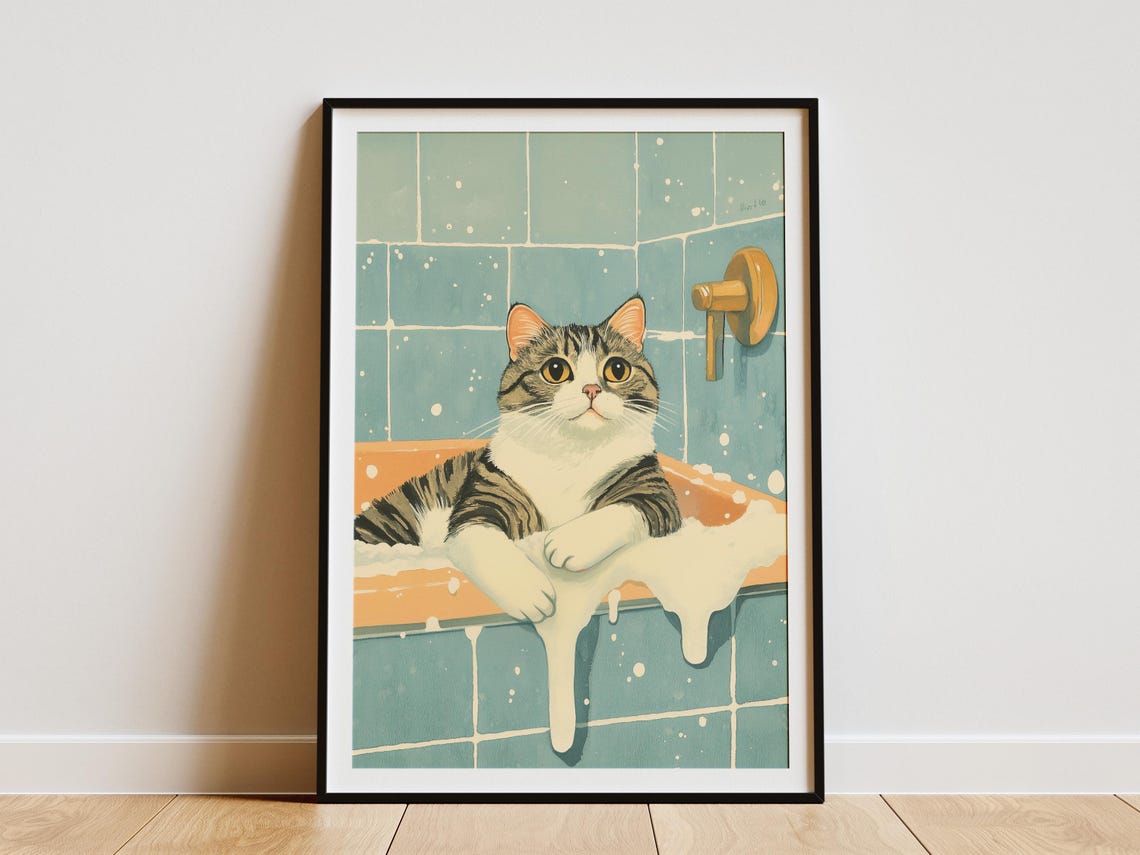 Tabby Cat in Bubble Bath Golden Faucet Teal Tile Cat Wall Poster