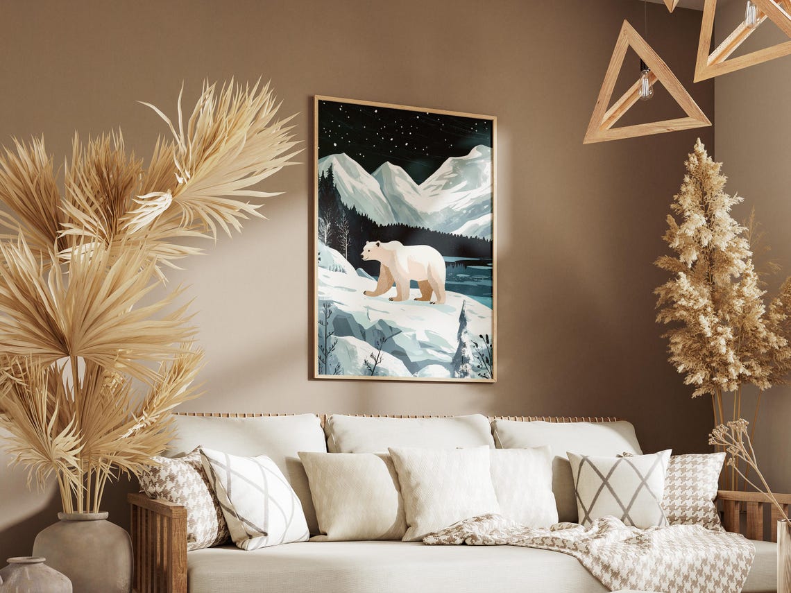 Polar Bear Walking Arctic Night Snowy Mountains Winter Poster - Image 3