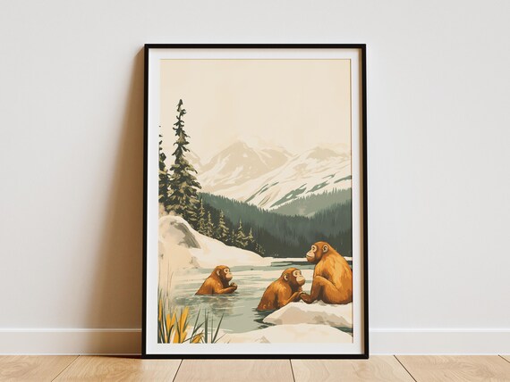 Snow Monkeys Soaking Hot Spring Mountain Winter Scenic Poster