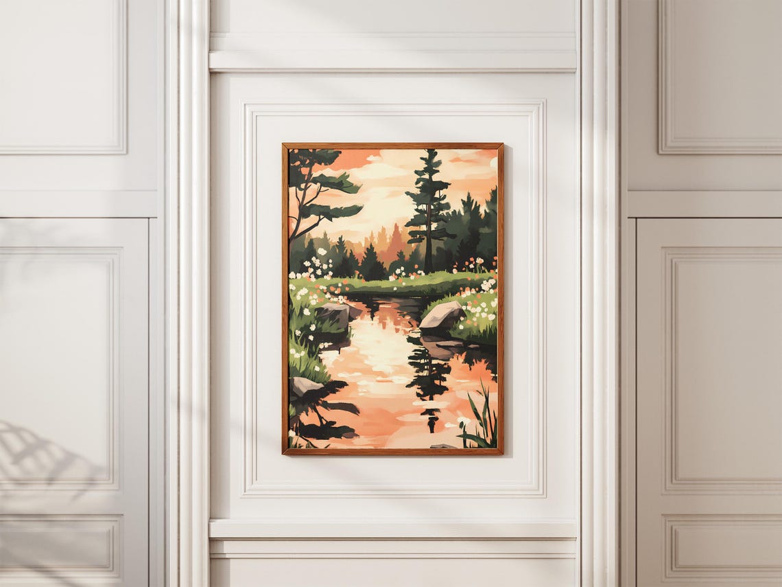 Sunset Pond Reflecting Pine Trees Lined With Wildflowers Poster - Image 2