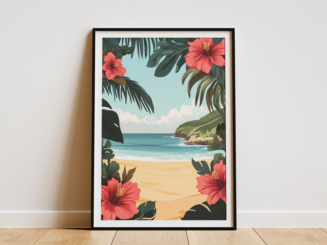 Tropical Beach Hibiscus Flowers Ocean Cove Summer Vacation Poster