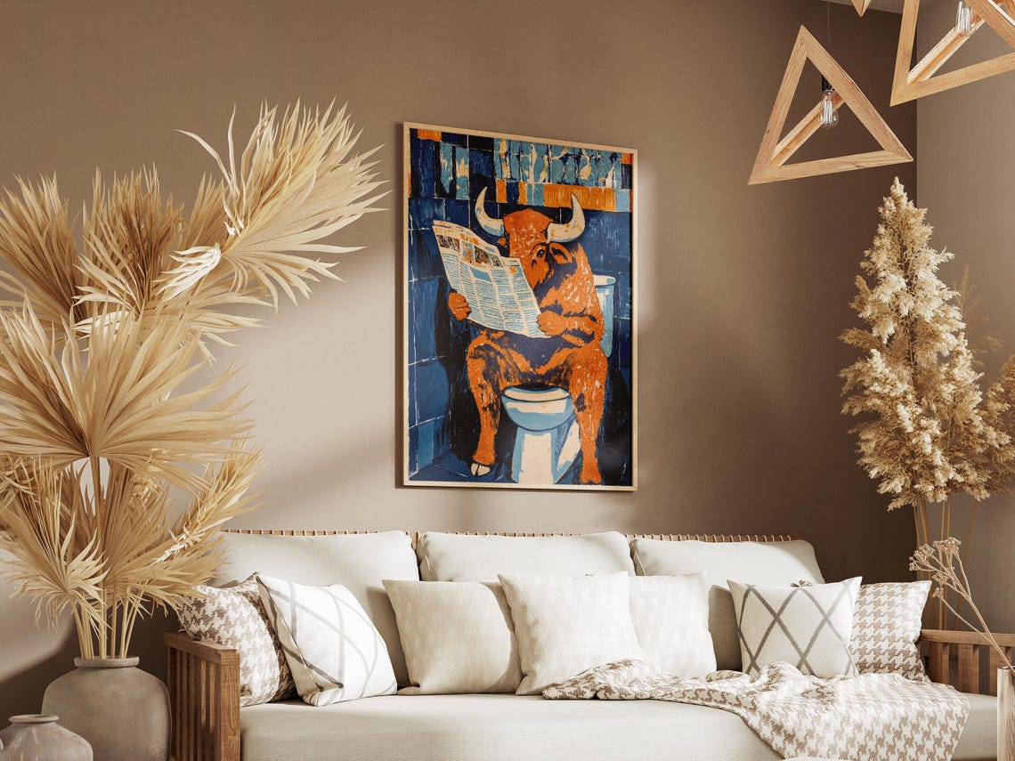 Orange Bison Reading the Newspaper While on the Toilet Poster - Image 3