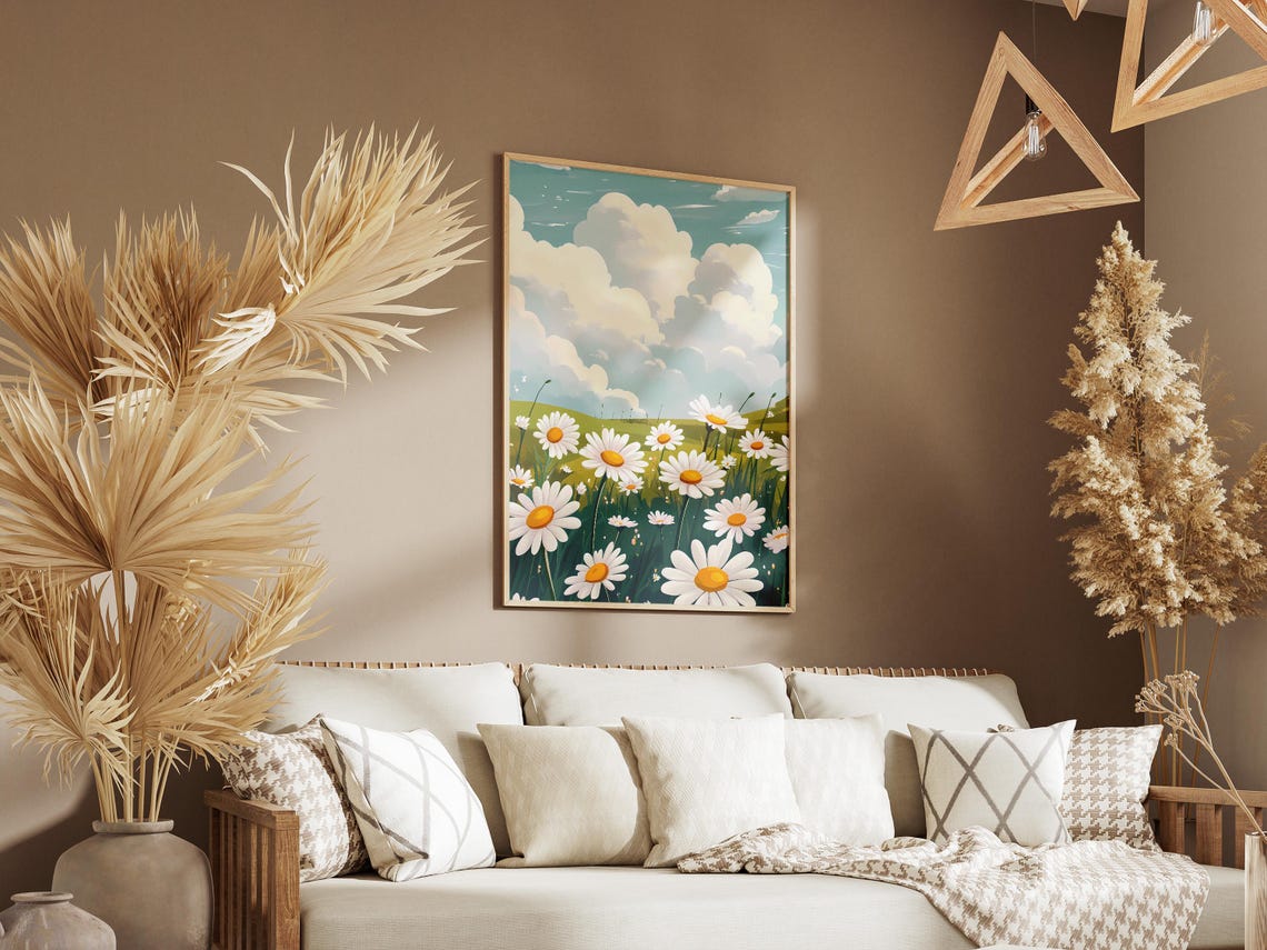 White Daisy Meadow Under Big Puffy Summer Clouds Sky Art Poster - Image 3
