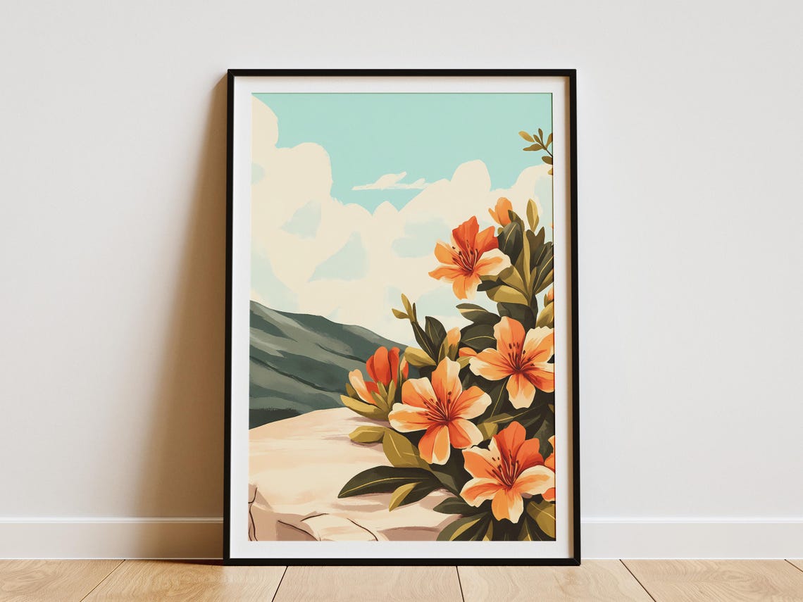Bright Orange Azalea Blooms on a Rocky Mountain Cliff Poster