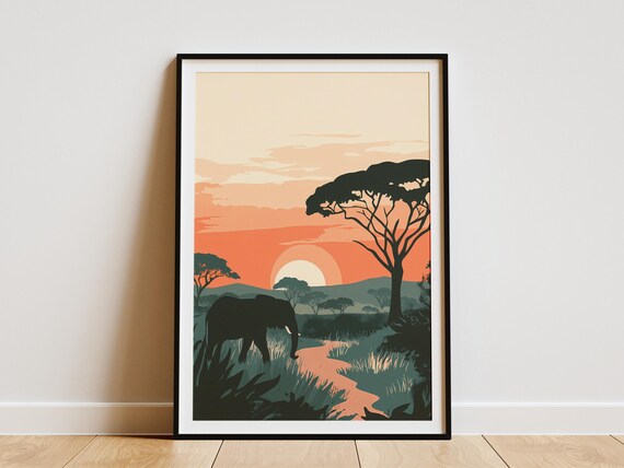African Safari Sunset Poster Kruger Elephant Landscape Wall Decor