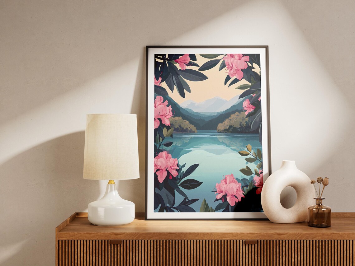 Mountain Lake Pink Rhododendron Natural Frame Scenic Art Poster - Image 5