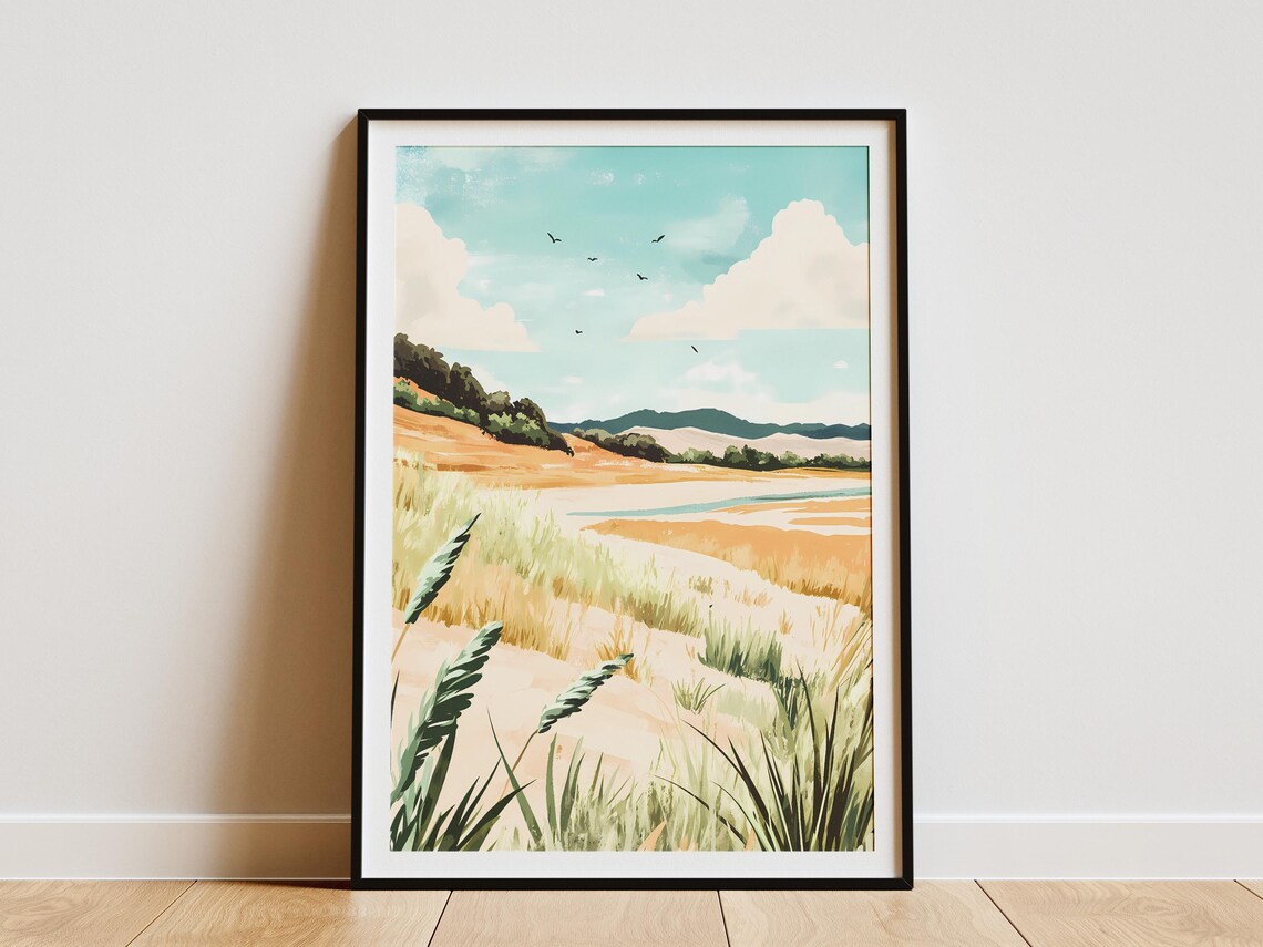Peaceful Coastal Sand Dunes Beach Grass Watercolor Landscape Poster
