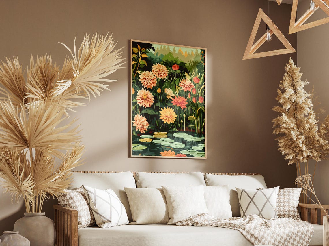 Dahlia Flower Pond With Lily Pads Summer Garden Botanical Poster - Image 3