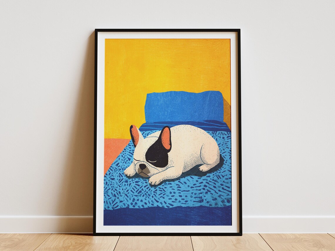French Bulldog Sleeping Matisse Style Yellow Blue Modern Art Poster
