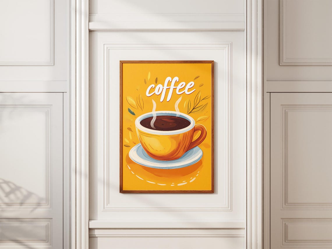 Hot Coffee Yellow Cup Minimalist Morning Illustration Poster - Image 2