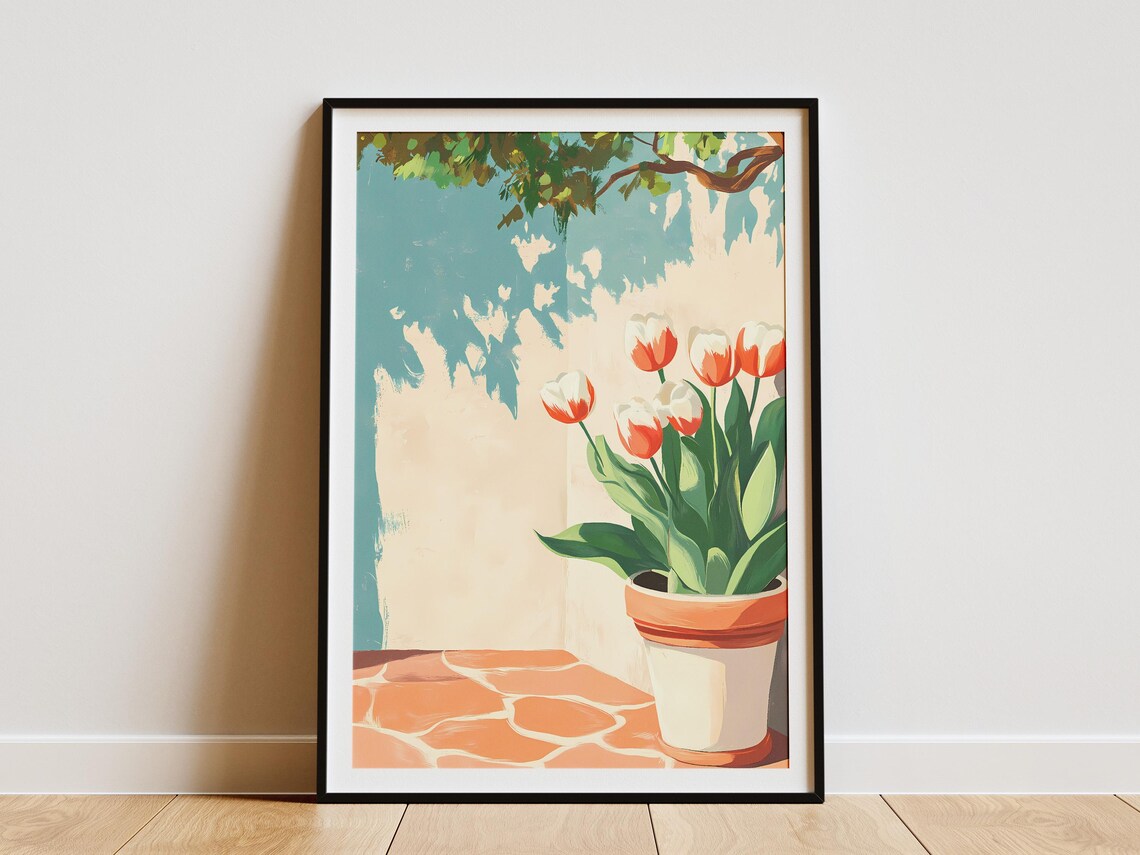Red And White Tulips In Pot On Sunny Terracotta Patio Poster