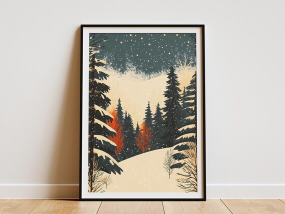 Snowy Pine Forest Under Starry Night Sky Winter Wonderland Poster