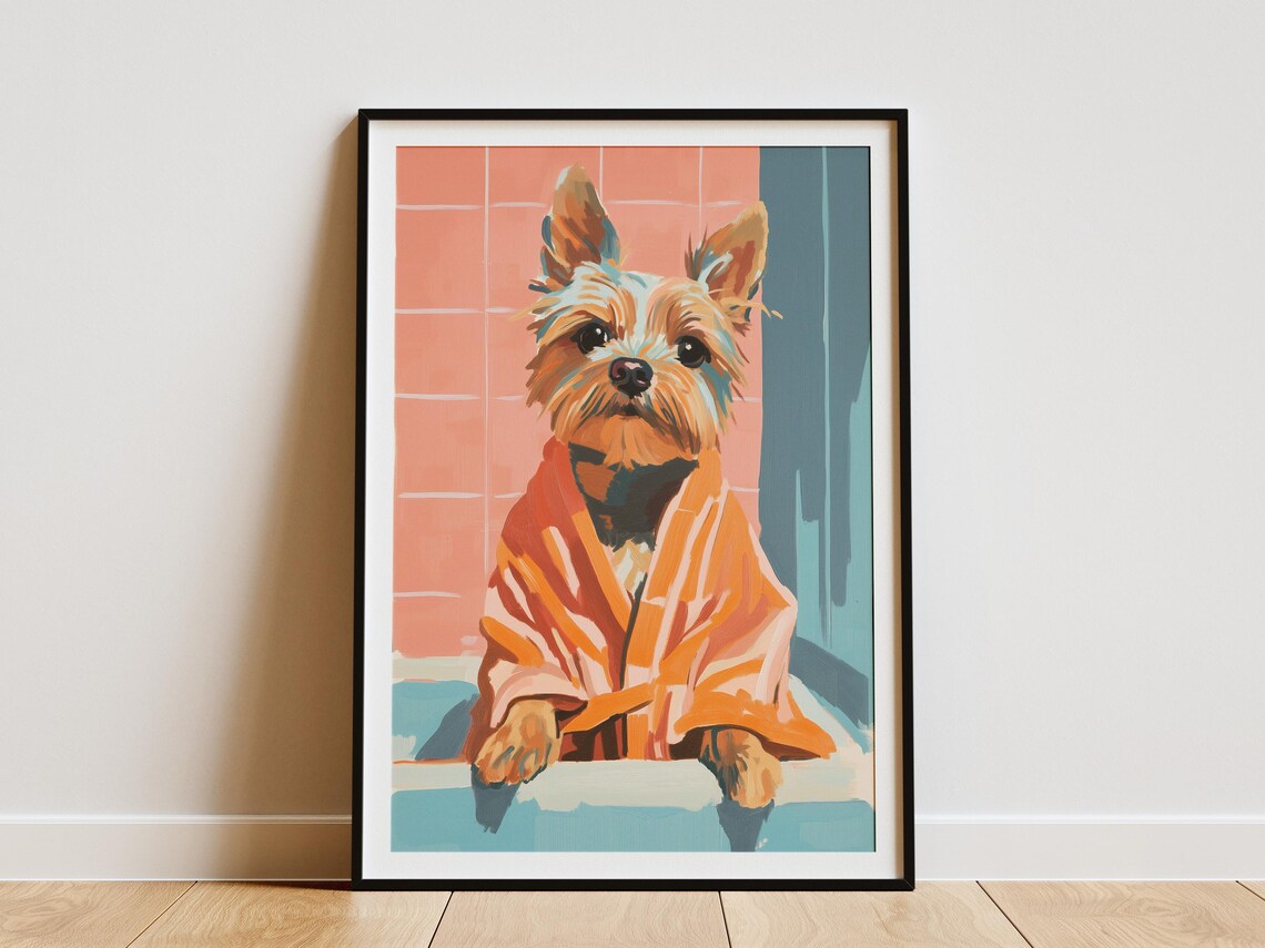 Yorkshire Terrier Bath Time Pink and Teal Tiles Cute Dog Art Poster