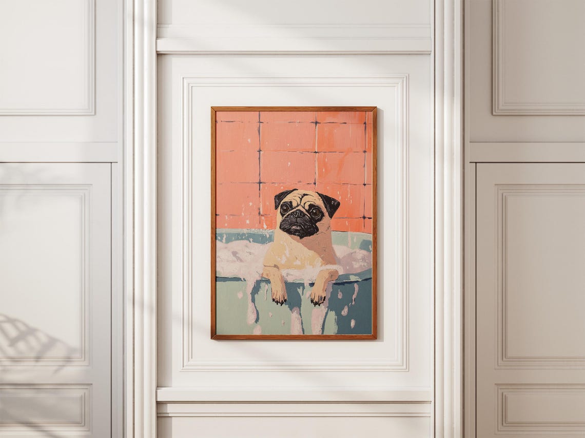 Pug Bubble Bath Terracotta Tile Painterly Dog Artwork Poster - Image 2