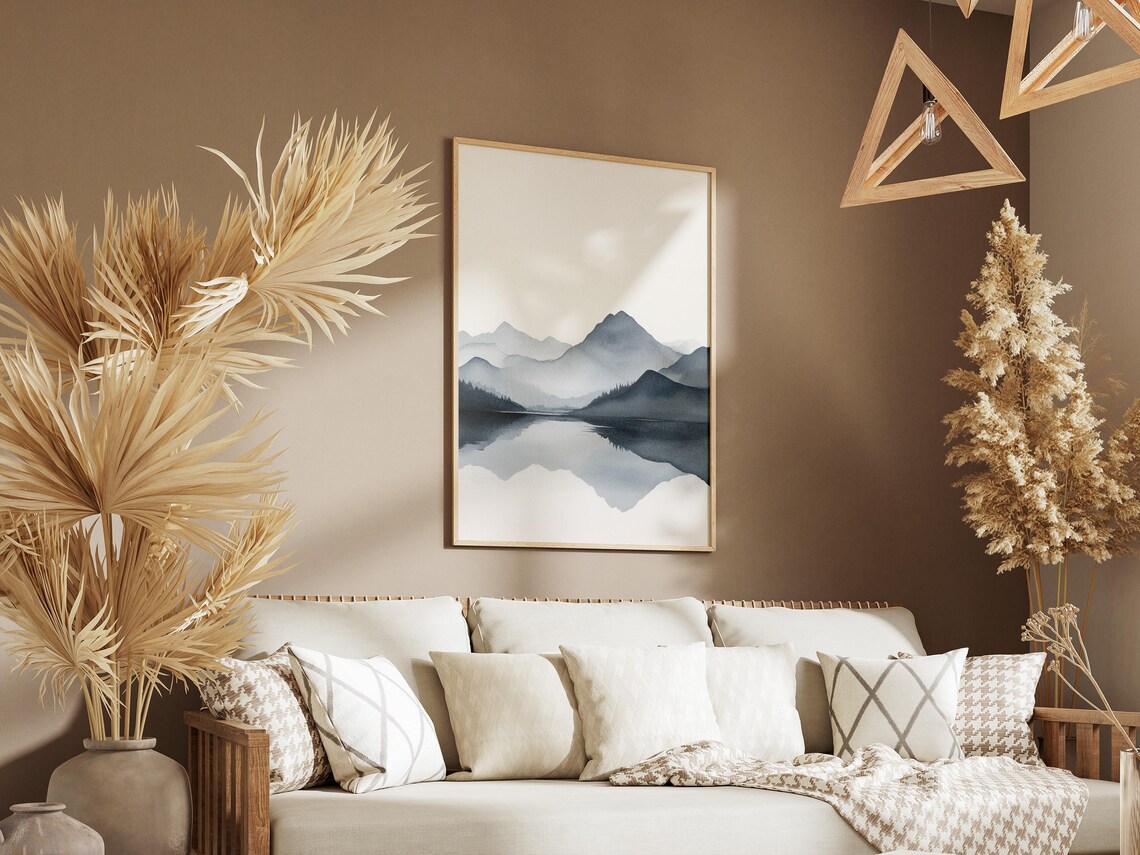 Misty Blue Watercolor Mountains Lake Reflection Japandi Art Poster - Image 3