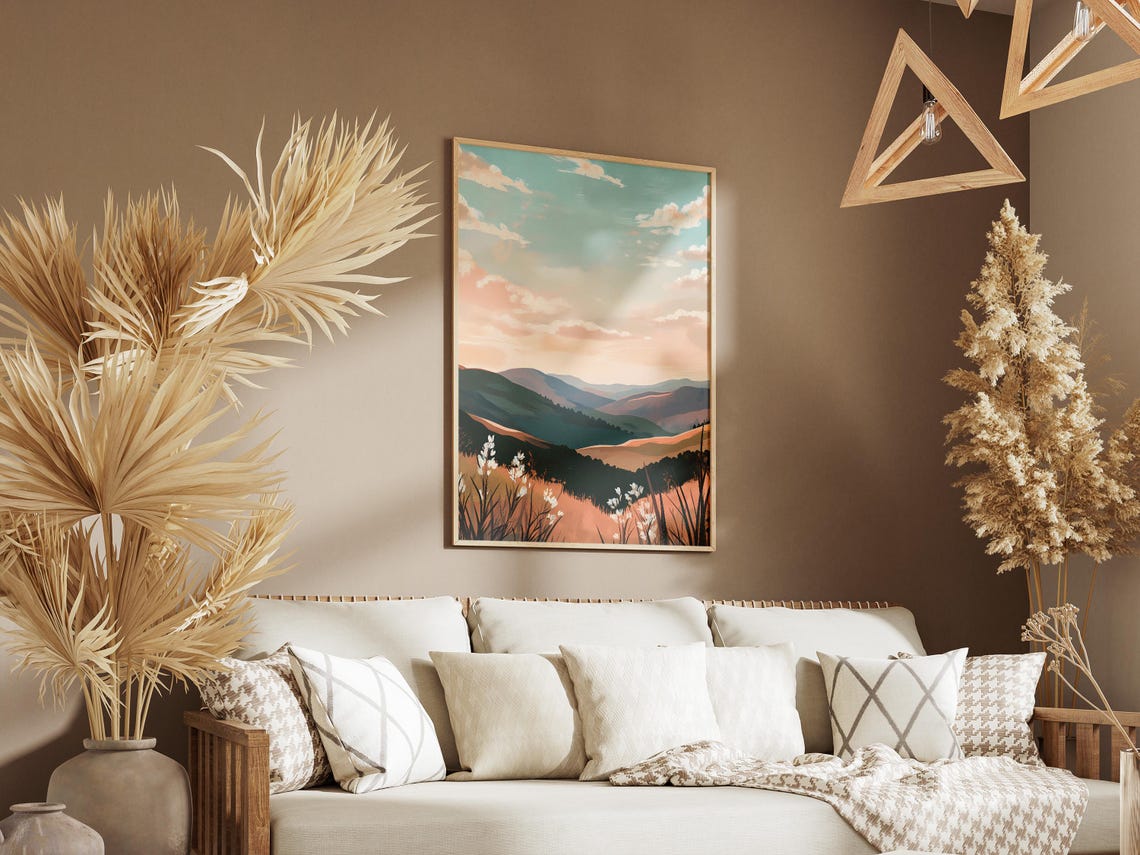 Rolling Sunset Hills with Wildflowers and Layered Peaks Poster - Image 3