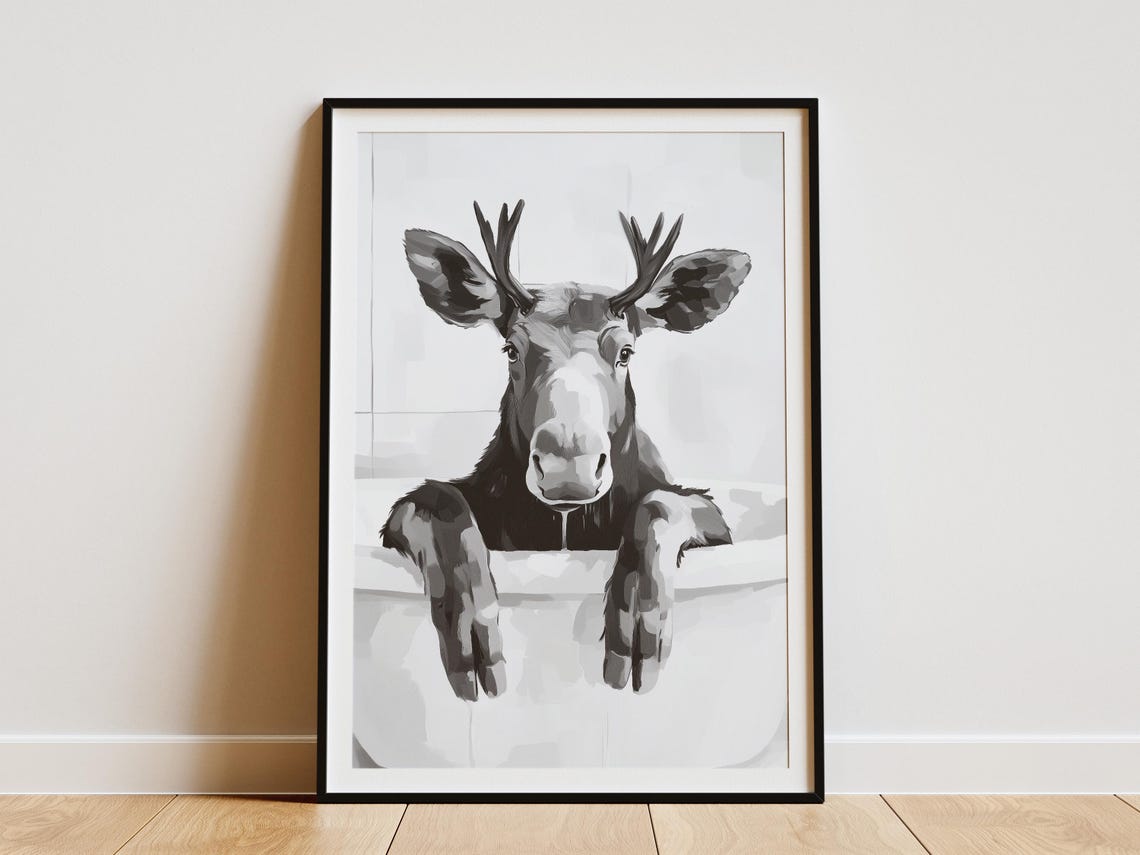 Moose Bathtub Bubble Bath Poster Print Minimalist Bathroom Wall Art Animal Funny Decor Gift
