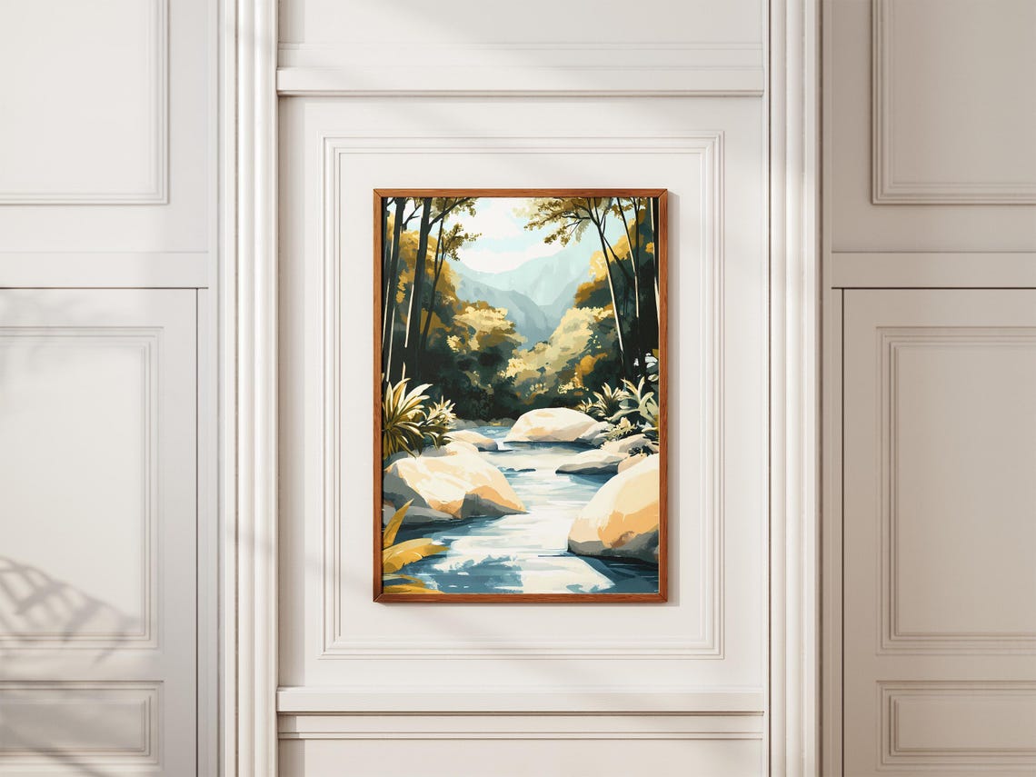 Sunlit Forest River Flowing Between Boulders Golden Light Art Poster - Image 2