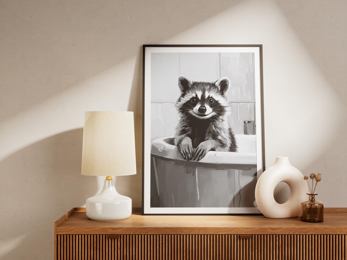 Baby Raccoon in Bathtub Minimalist Black and White Animal Poster - Image 4