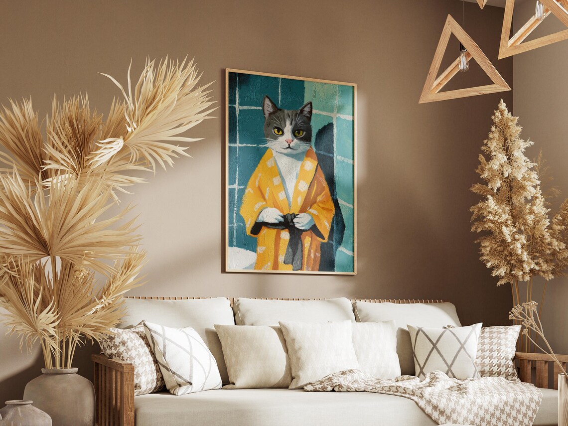 Gray Cat in Yellow Bathrobe Blue Bathroom Funny Cat Portrait Poster - Image 3