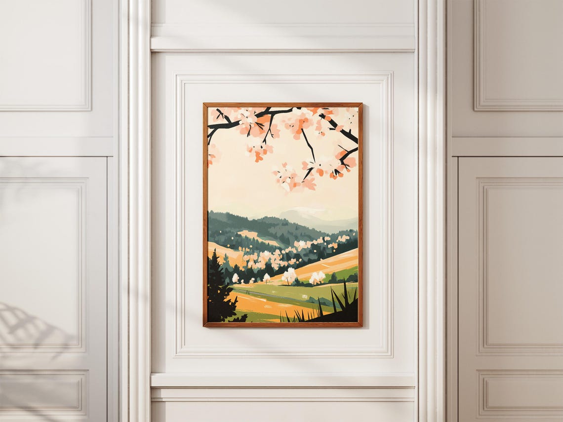 Pink Cherry Blossom Hills Rolling Golden Fields Pine Forest Art Poster - Image 2