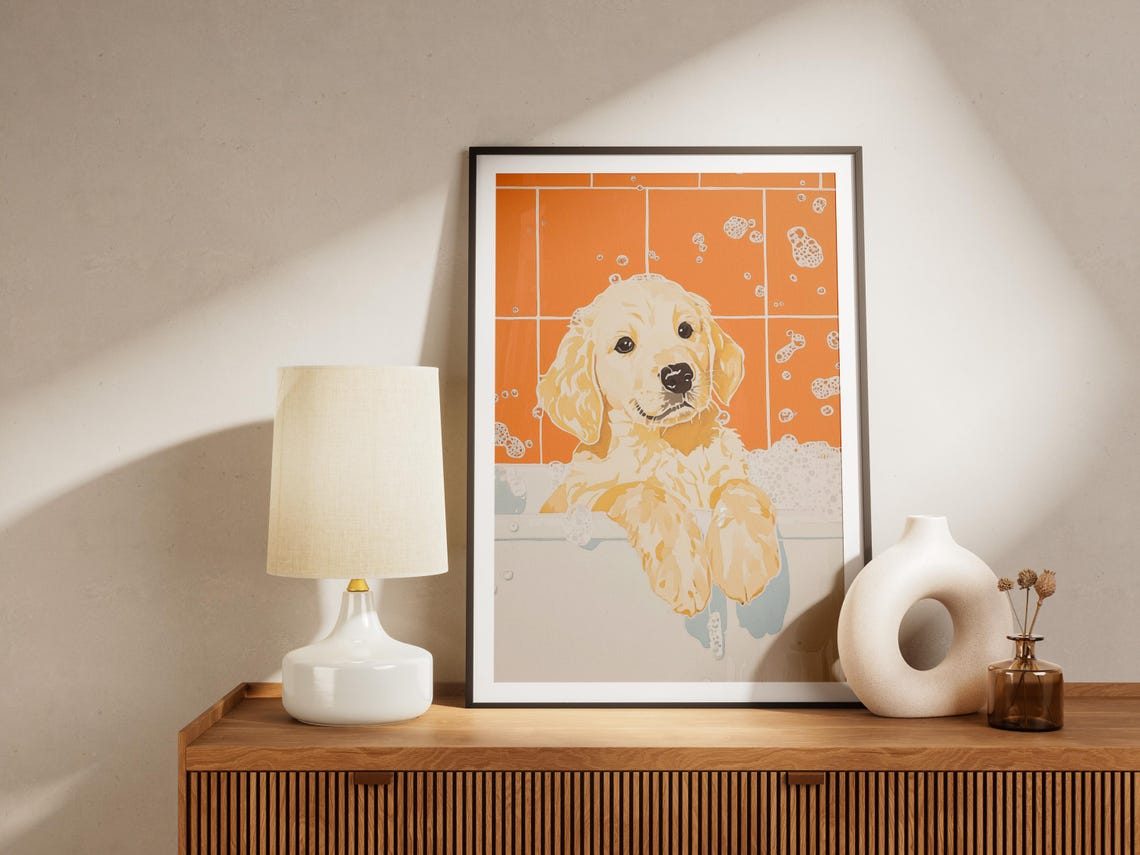 Golden Retriever Puppy Bubble Bath Orange Tile Doodle Art Poster - Image 4