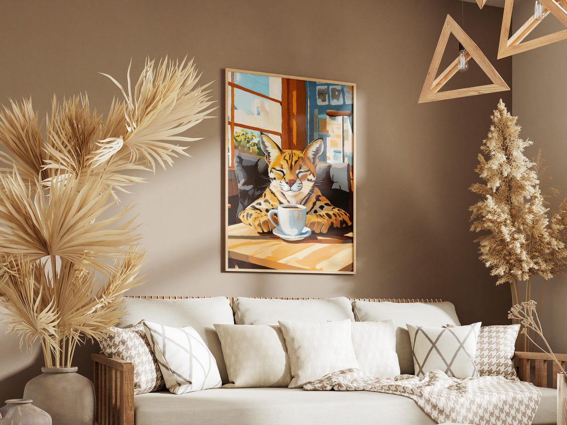 Ocelot Enjoying Coffee at a Sunny Cafe Window Artwork Poster - Image 3