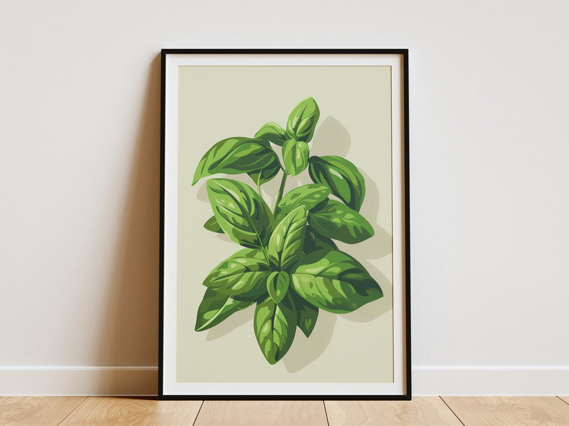 Fresh Basil Bunch Green Kitchen Herb Garden Botanical Art Poster