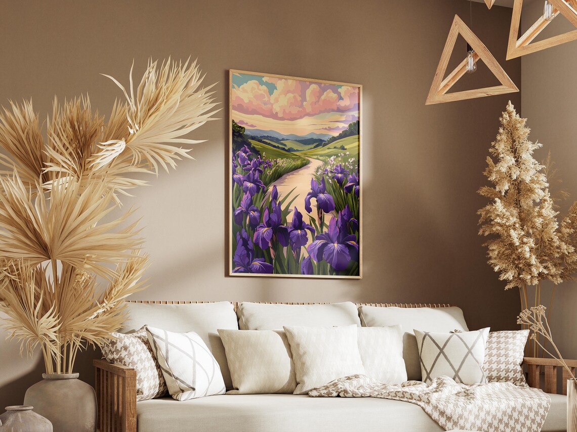 Purple Irises Lining a Country Road Through Green Hills Poster - Image 3