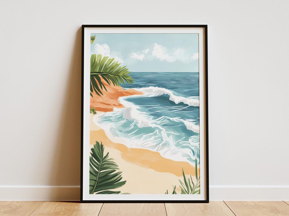 Tropical Beach Wave Curling Turquoise Ocean Palm Leaf Art Poster