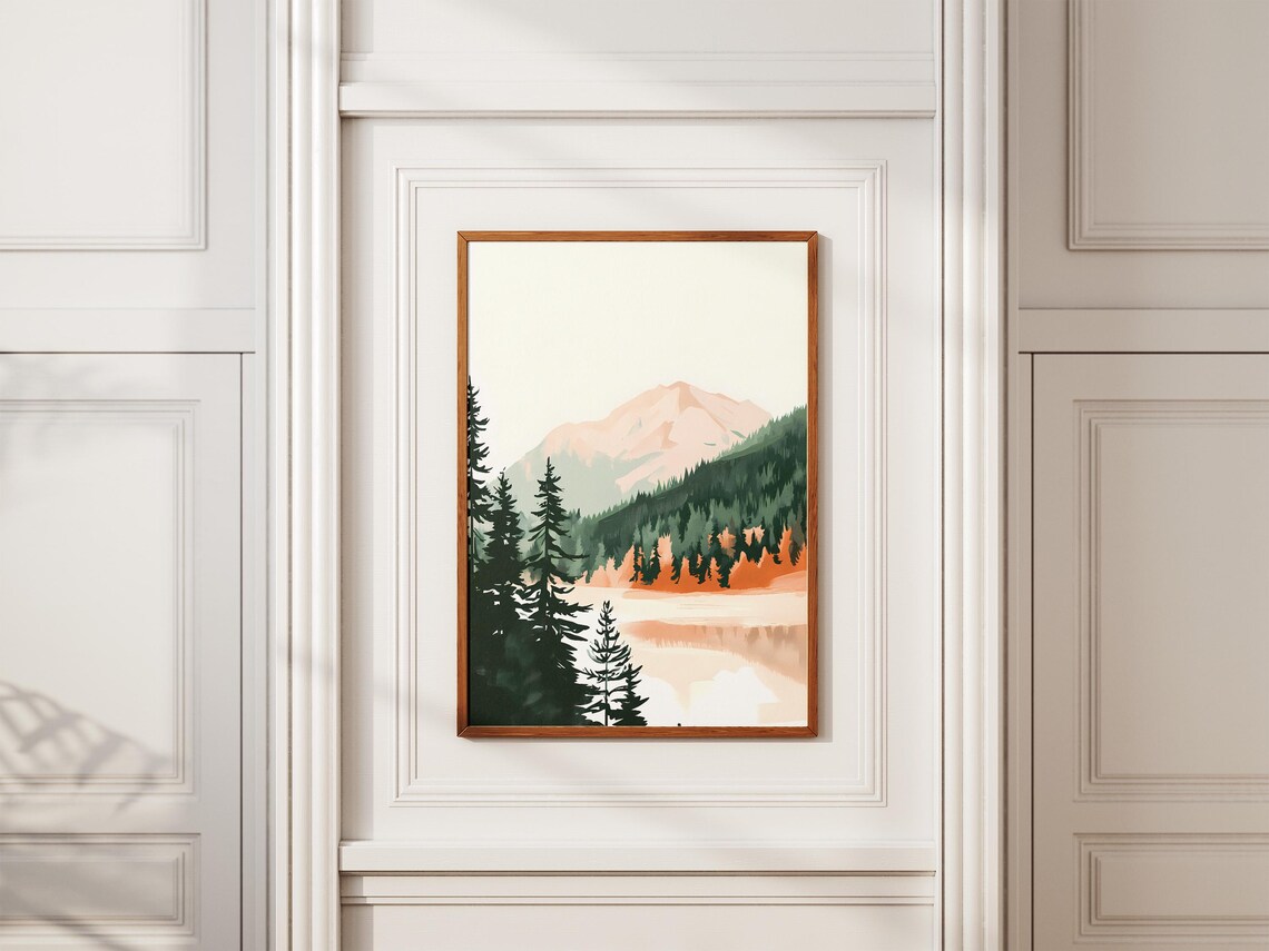 Pink Peak Rising Above Pine Forest And Quiet Lake Landscape Poster - Image 2