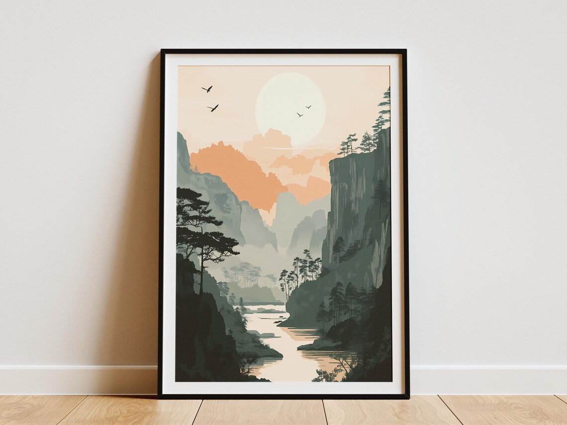 Wolong Nature Reserve Misty River Valley Pale Sunrise Poster