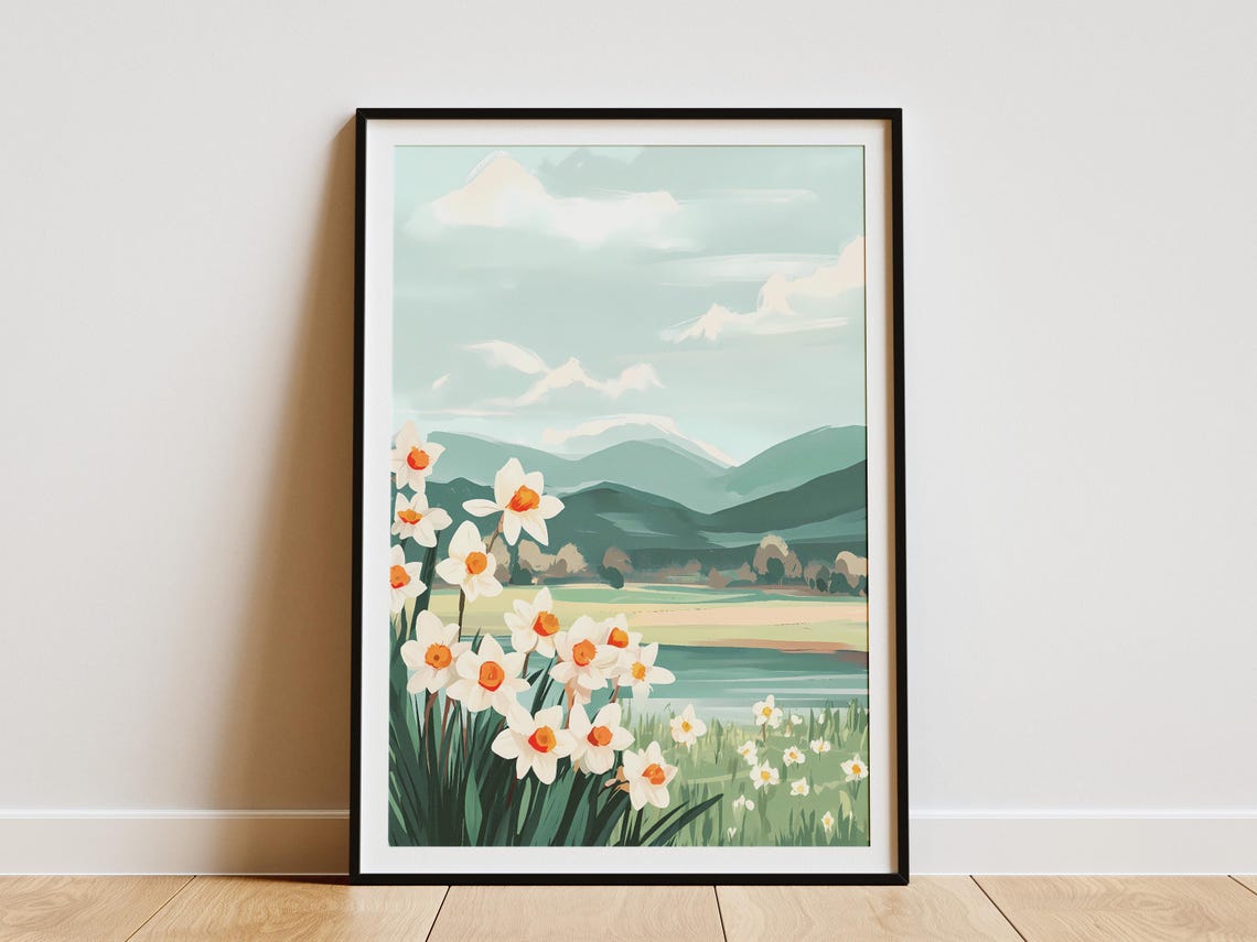 White Daffodils With Mountain Lake Behind Landscape Art Poster