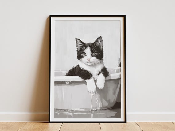 Cat In Bathtub Poster Cute Print Bathroom Wall Art Funny Animal Black And White Illustration Minimalist Lover Gift Decor