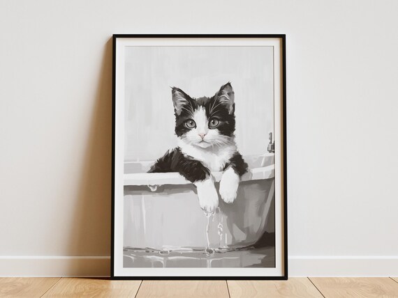 Tuxedo Kitten in Bathtub Black and White Cute Cat Bathroom Decor Poster
