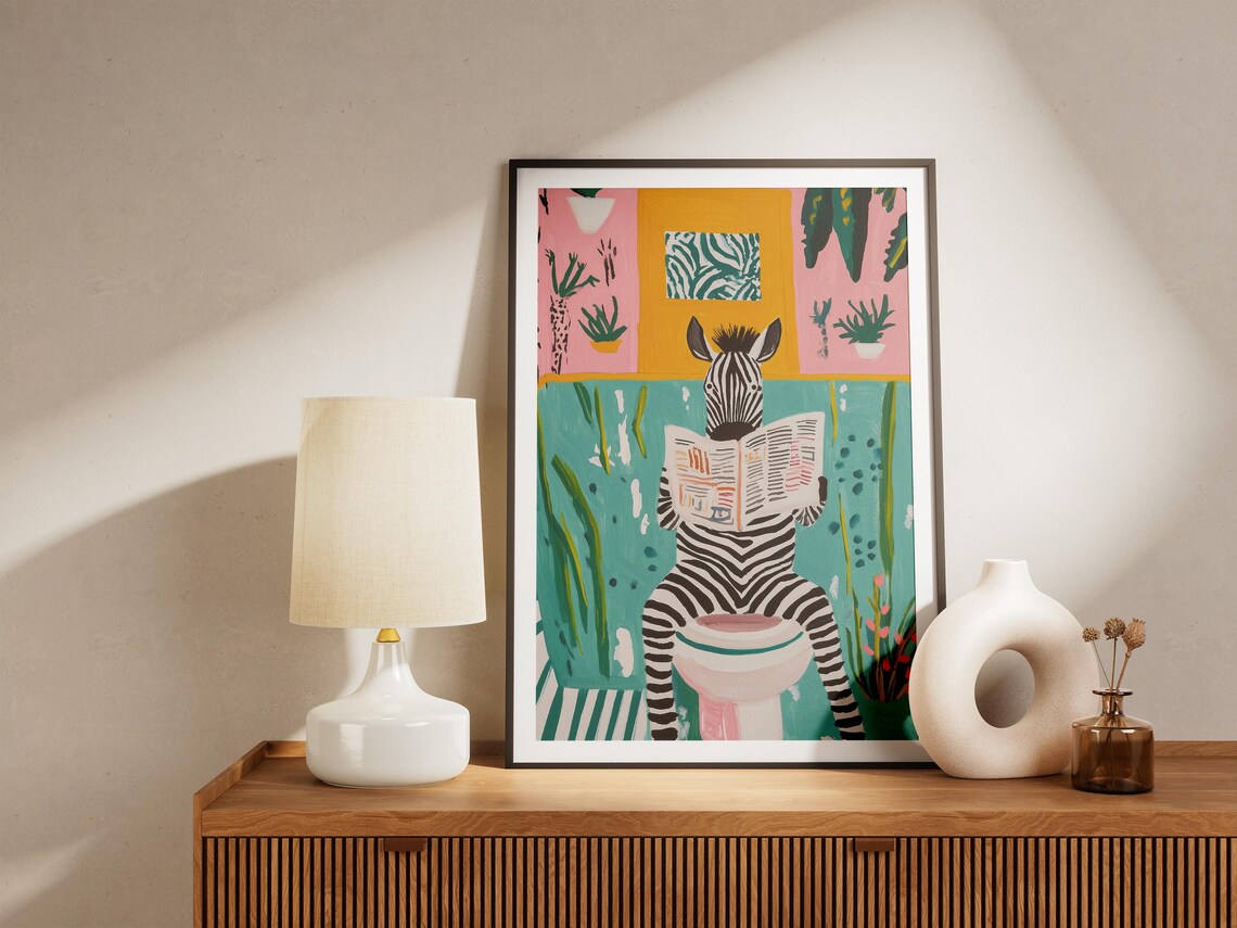 Zebra Reading Newspaper on Toilet Green Plant Bathroom Poster - Image 5