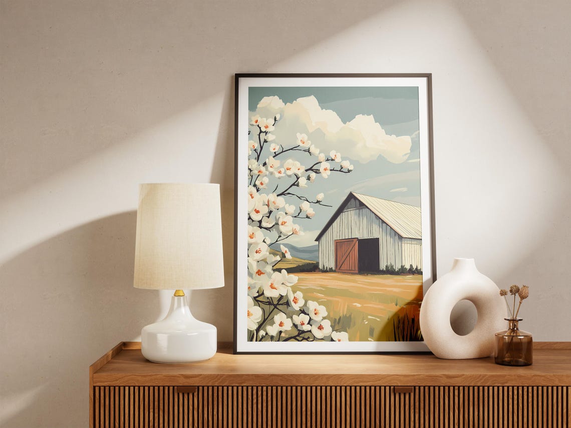 White Barn with Red Door and Blooming Apple Blossom Branches Poster - Image 5