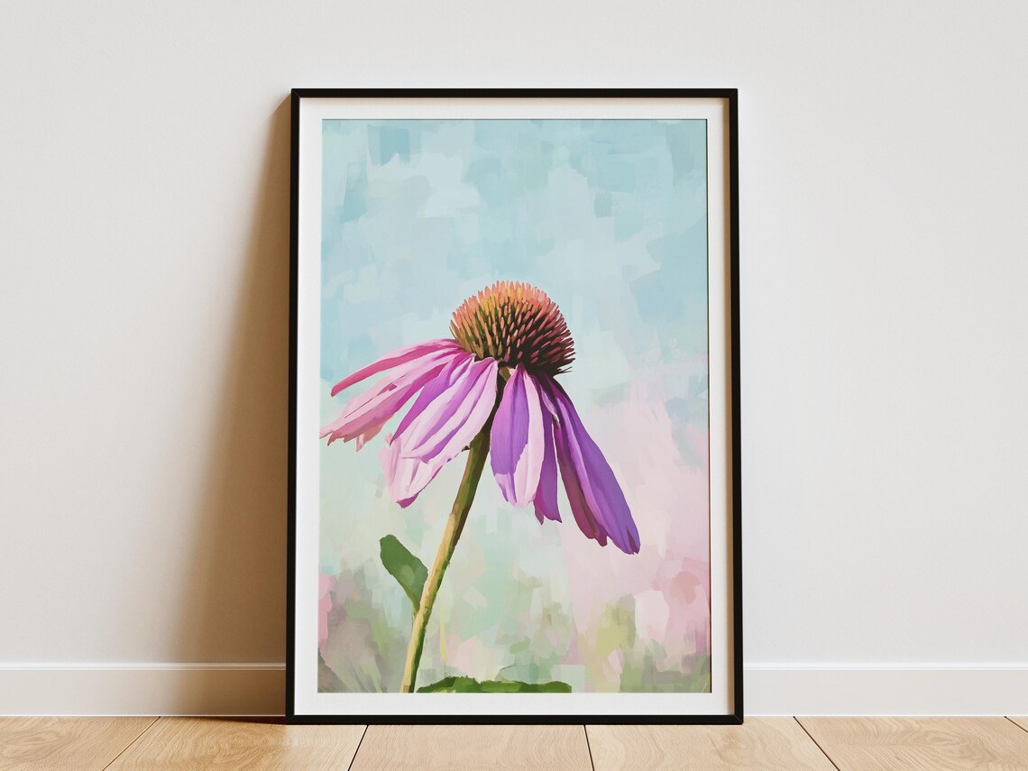 Purple Echinacea Coneflower Bloom On Pastel Blue Floral Poster