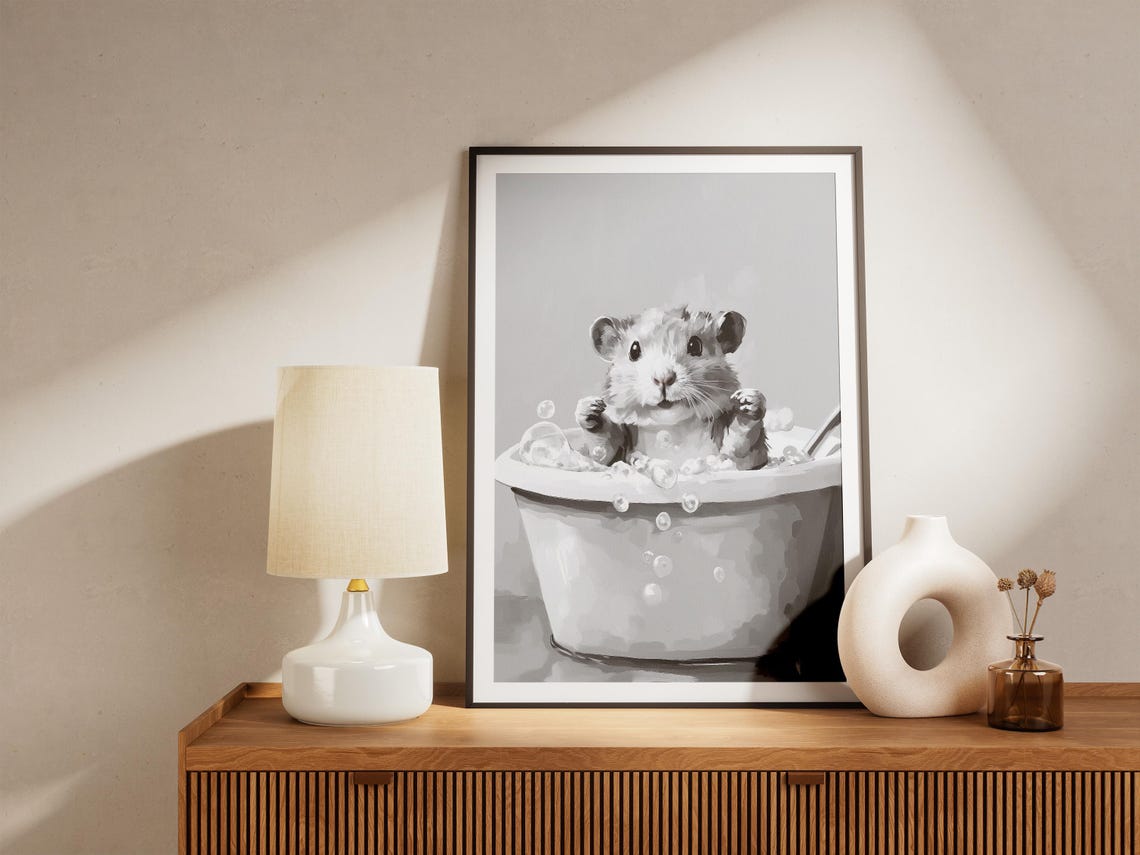 Hamster In A Bubble Bath Black And White Cute Bathroom Poster - Image 4
