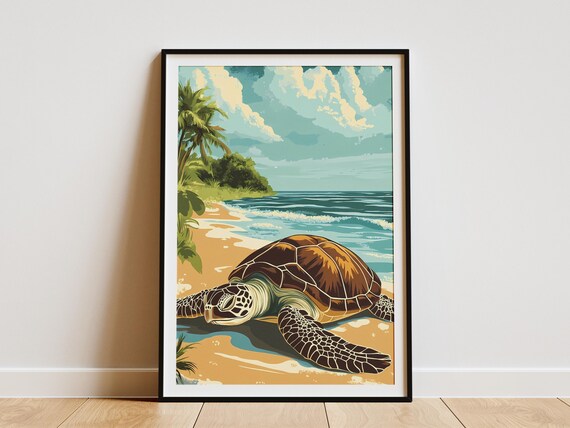 Sea Turtle Resting on a Golden Tropical Beach Illustration Poster